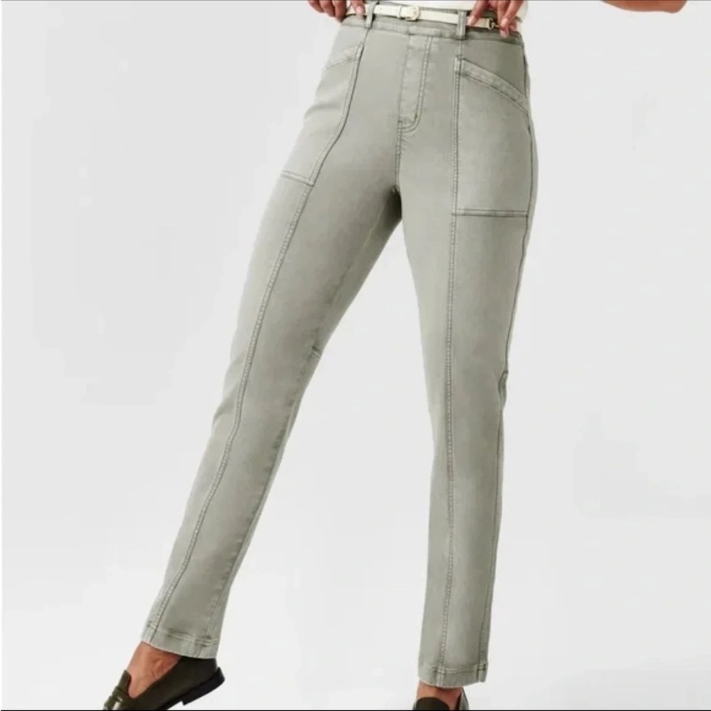 Spanx Stretch Twill Pants Olive Green High Rise Pull On Straight Leg Ankle M